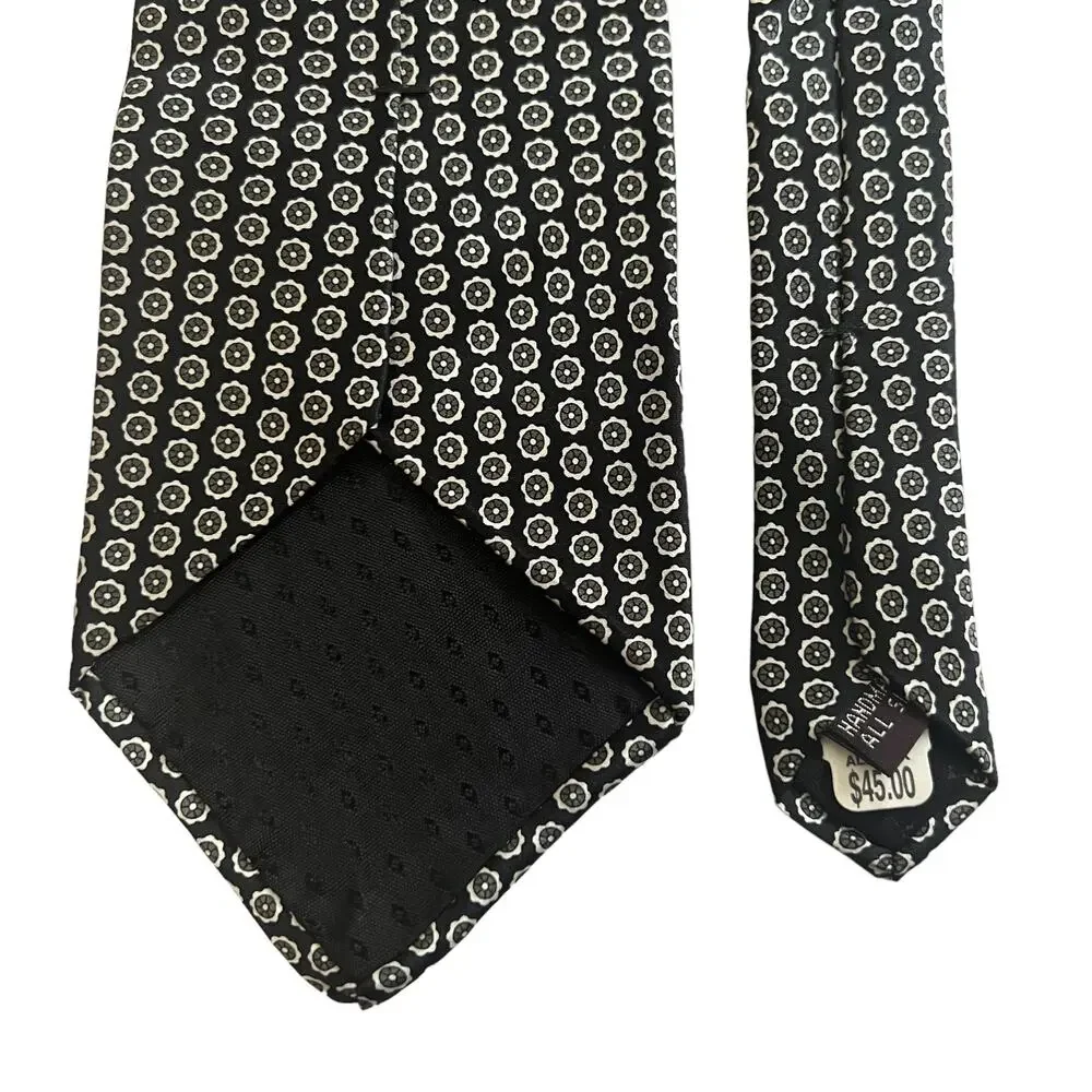 NEW Cromley & Finch Black Green White Geometric Floral Pattern Silk Tie